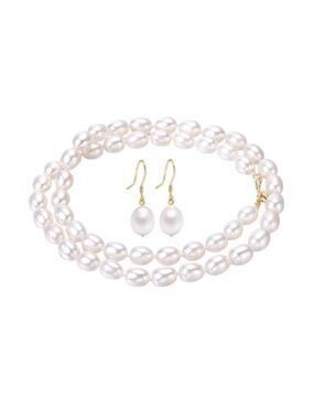 6-7mm Hand Strung Natural Rice Pearl Necklace Earring Set